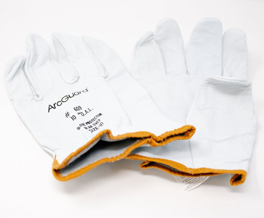 WHITE/ YELLOW LEATHER GLOVE  PROTECTOR PAIR, Sz 10 x 10" L