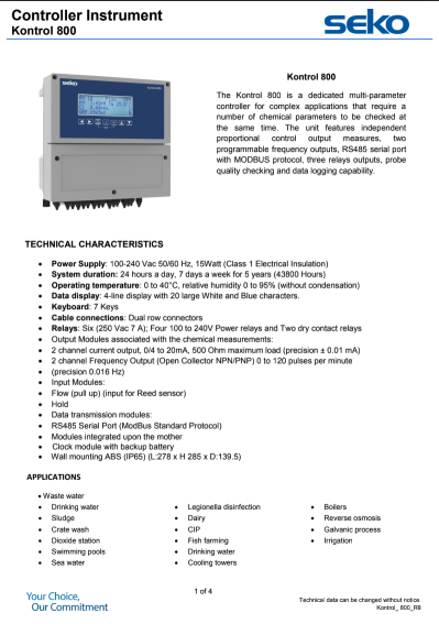 SEKO K800L07WM000 - KONTROL 800 PANEL, CHLORINE AND PH
